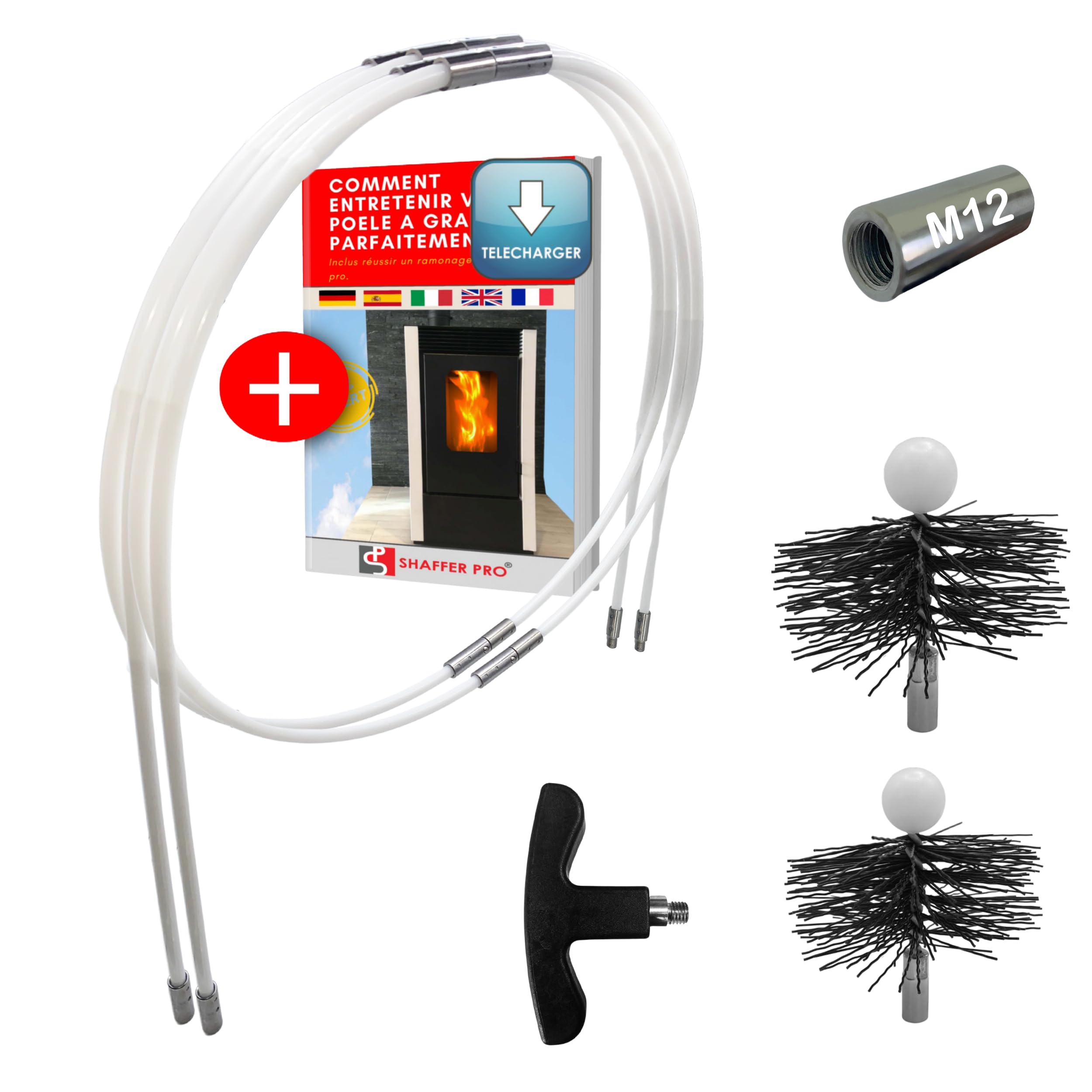 Shaffer PRO - 19,68 ft (6 Meters) pellets Stove Cleaner Sweeping Set - 3" and 4" Brushes Easy Flex [ Ebook Offered Pellet Stove ] 10 Flexible Sweeping rods Home Cleaning Tube Accessories woodburner