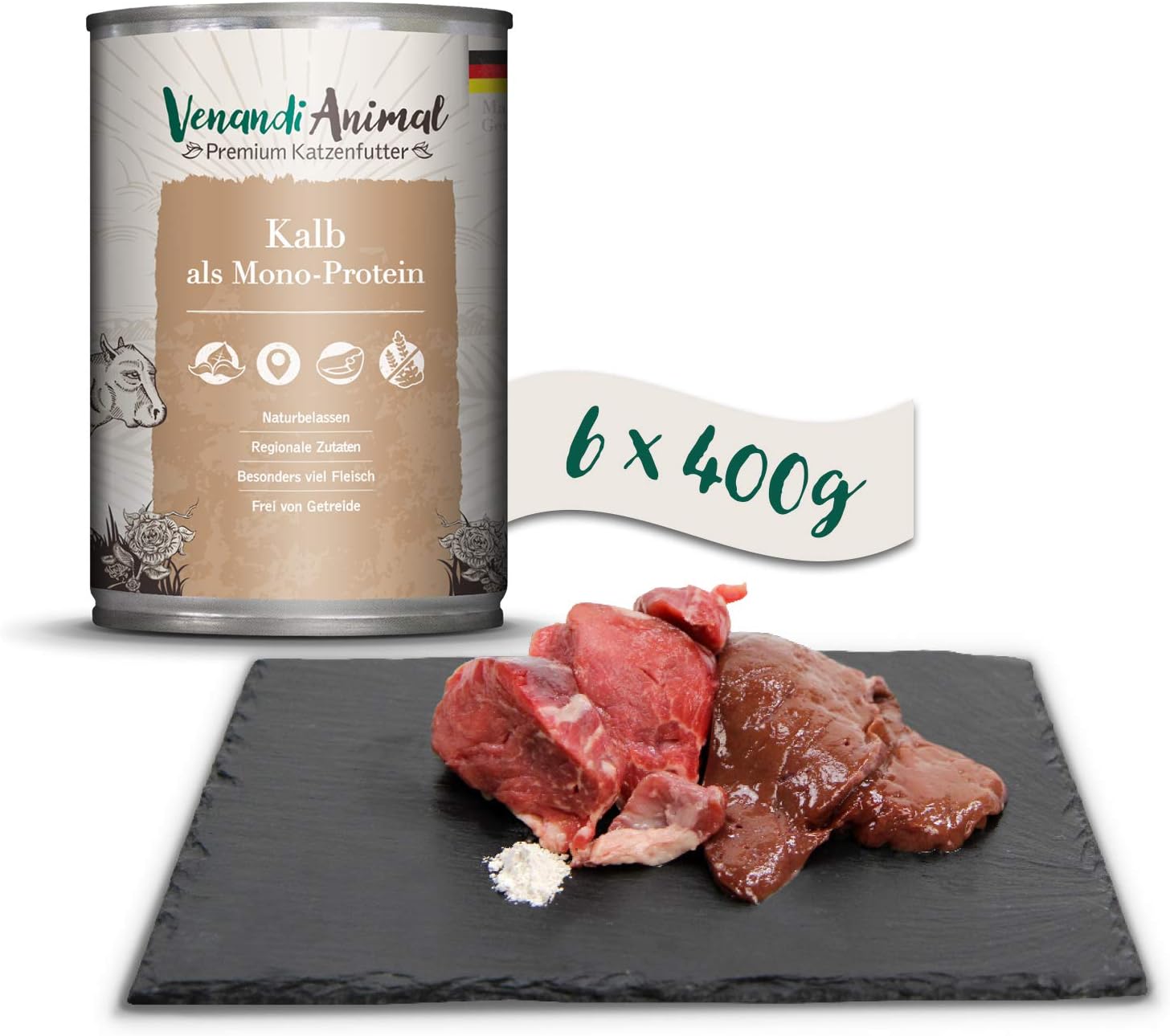 Venandi Animal Premium Cat Food, Veal as Monoprotein, Wet Food, Grain-Free and Natural, Pack of 6 (6 x 400 g)