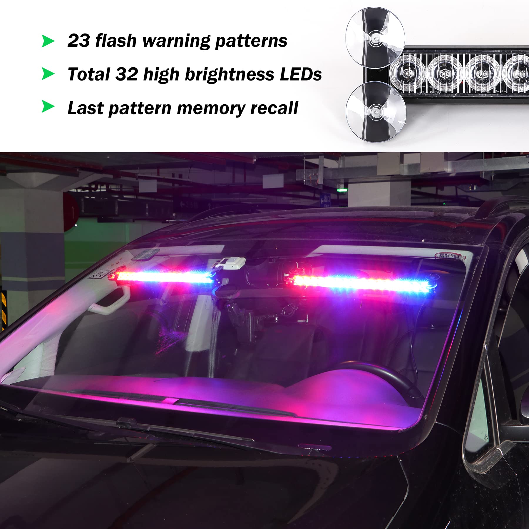 Upgrade 2 in 1 Police Strobe Lights Bar for Vehicles Trucks 23 Flash Patterns 17inch 32 LEDs Red and Blue Emergency Hazard Warning Light with Cigar Lighter 2 Install Methods