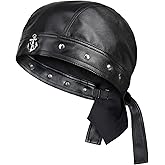 NTAWYT Leather Skull Cap - Adjustable Black Biker Skull Cap, Motorcycle Leather Hat Doo Rag Bandana