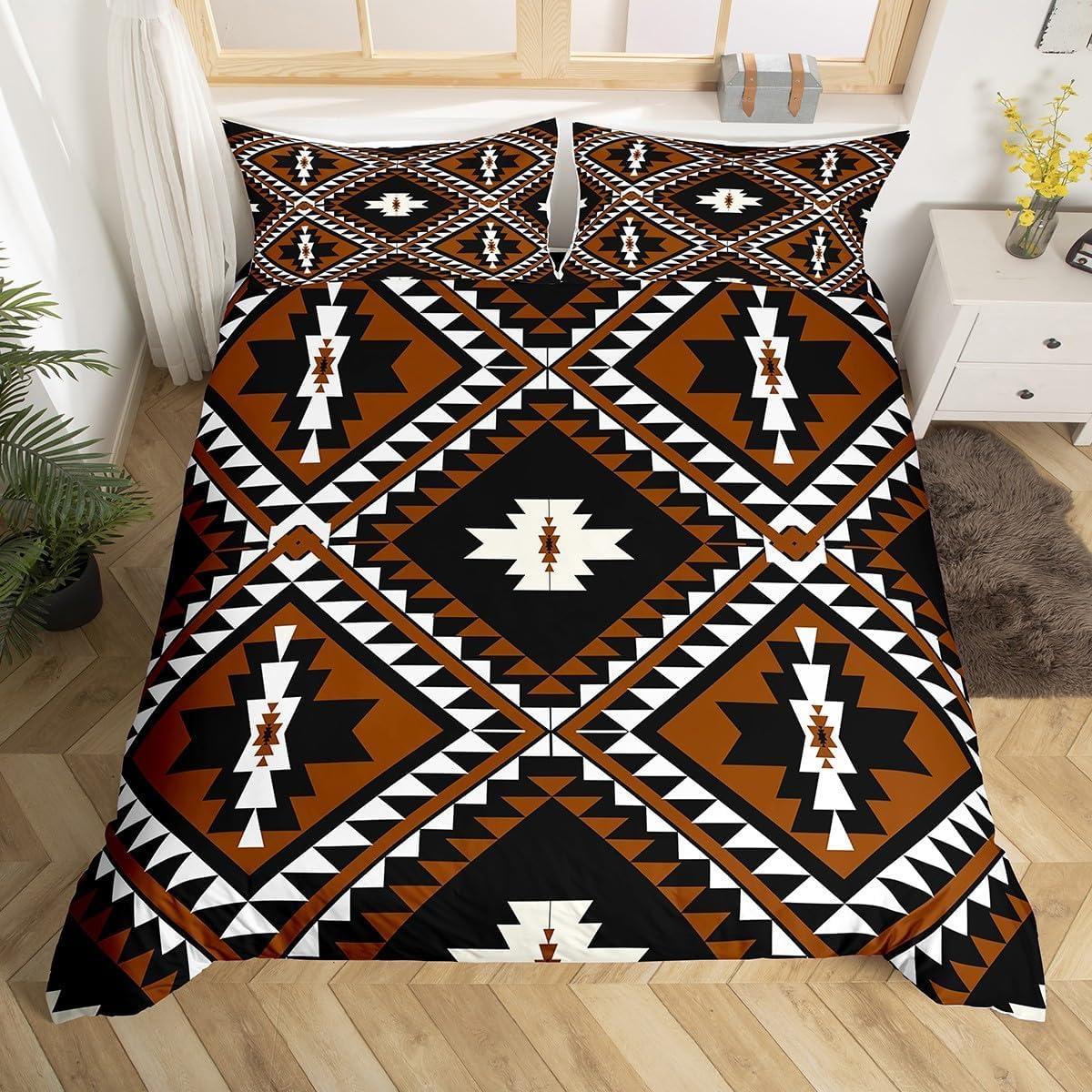 Homewish Aztec Single Duvet Cover Set for Teens Adults - Tribal Bohemian Bedding with 1 Pillowcase - Southwestern Geometric Pattern Quilt Cover Black Reversible - Boho Brown Farmhouse Bed Set