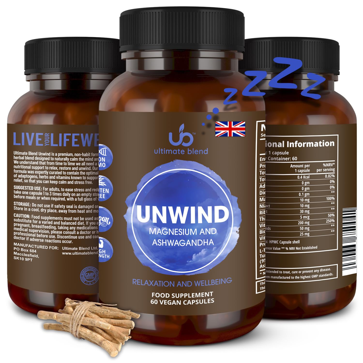 Ultimate Blend Relax Unwind with Magnesium & Ashwagandha, Natural Stress Relief Supplement | Calm and Relax from Tension, Sleeplessness - 60 Vegan Capsules