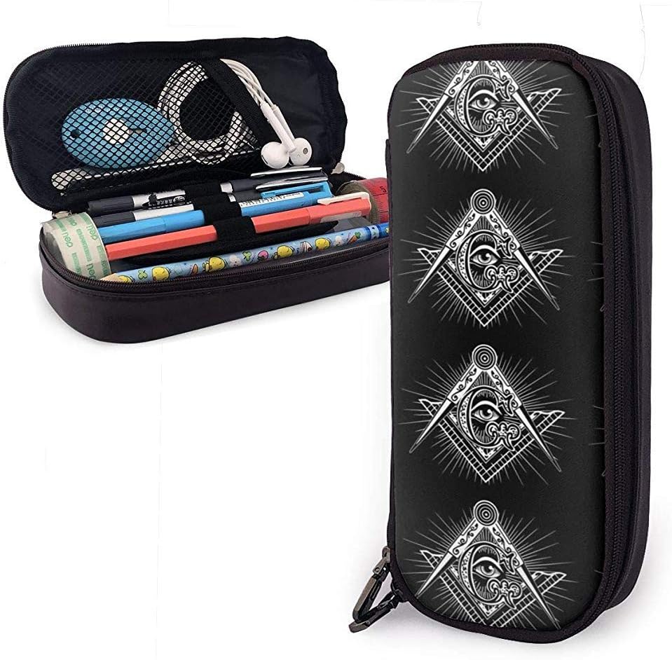 Premium Leather Pen Pencil Case Pouch Holder Box Supplies Stuff (Freemasonry Freemason Logos Black)