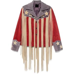MERCH ATTIRE American Flag Western Suede Leather Jacket with Long Fringe Cowgirl Star Applique Boho Festival Outfit