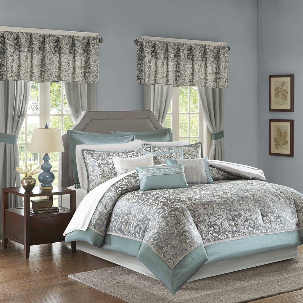 Madison Park Essentials Brystol Cal King Size Bed Comforter Set Room in A Bag - Teal, Grey, Jacquard Embroidered Paisley – 24 Pieces Bedding Sets – Faux Silk Bedroom Comforters