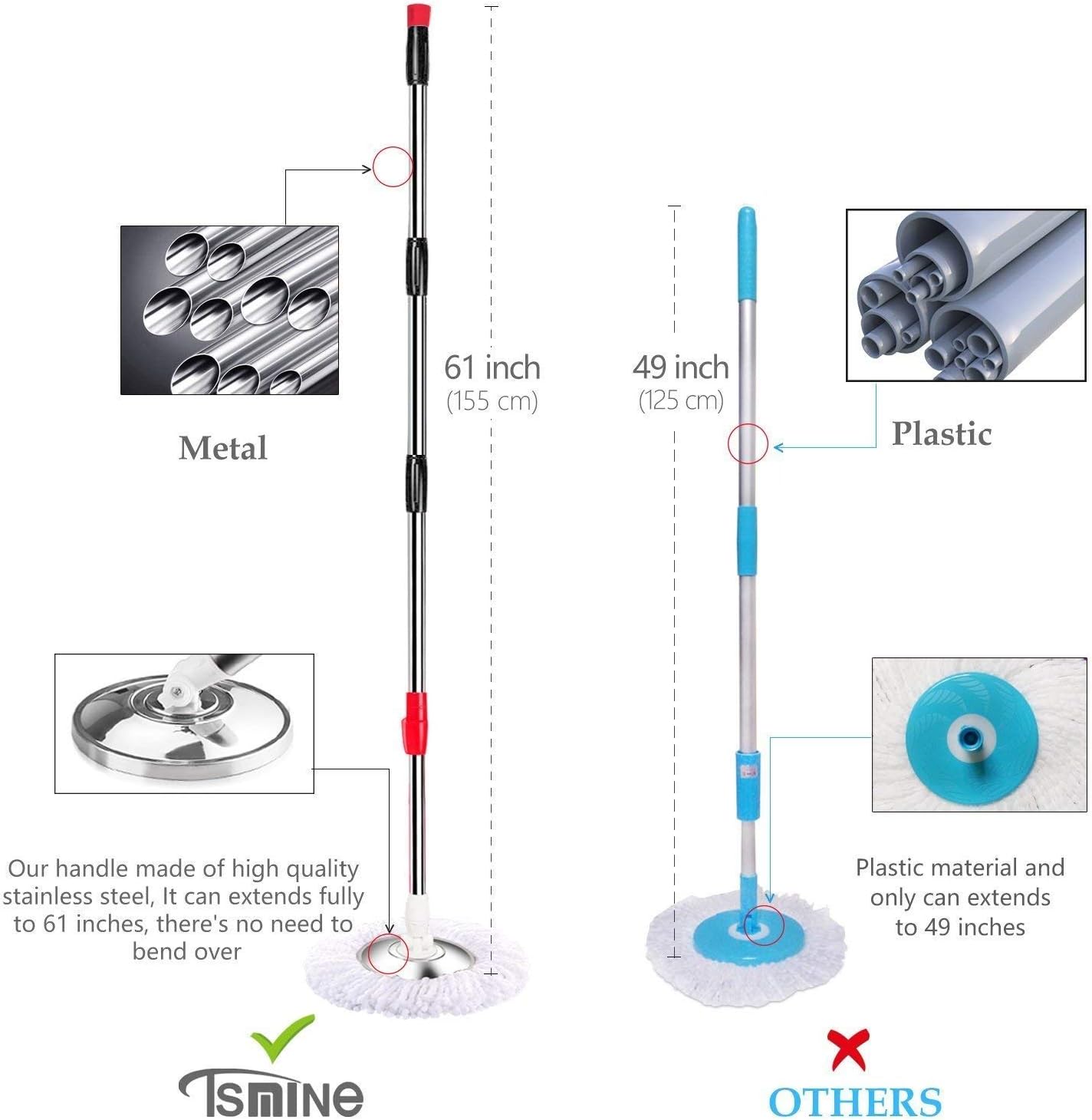 Tsmine Spin Mop & Bucket Floor Cleaning System, Household Cleaning Supplies Stainless Steel Mop Bucket with Wringer on Wheels - 6 Mop Heads 61" Handle, Mop with Bucket for Home Commercial Cleaning: Kitchen & Dining