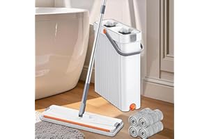 Flat Mop System with Narrow Bucket - Self-Wringing Design Cleans Under Furniture & Tight Corners, 4 Reusable Microfiber Pads,