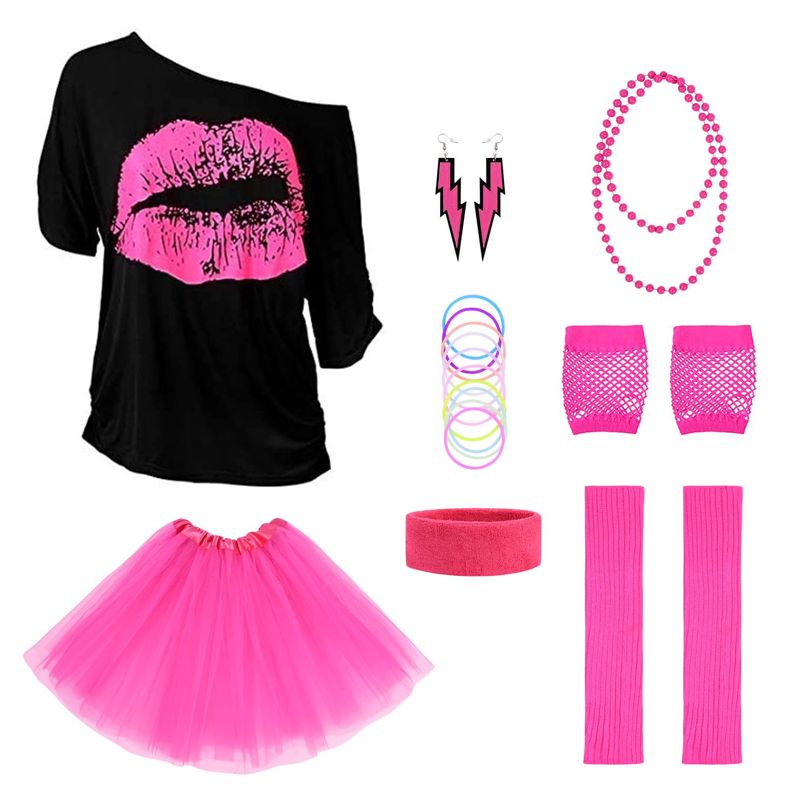 Aomig Women's 80s Costume Accessories Set, 8pcs 80s Fancy Dress Party Neon Costume Accessories for Women Girls, Lips Print T-Shirt Adult Tutu Skirt with Headband Necklace Gloves for 80s Theme Party
