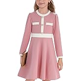 NIUSC Girls Dress Fall Dress Long Sleeve Button Color Block Winter Casual Party Dresses 5-14Y