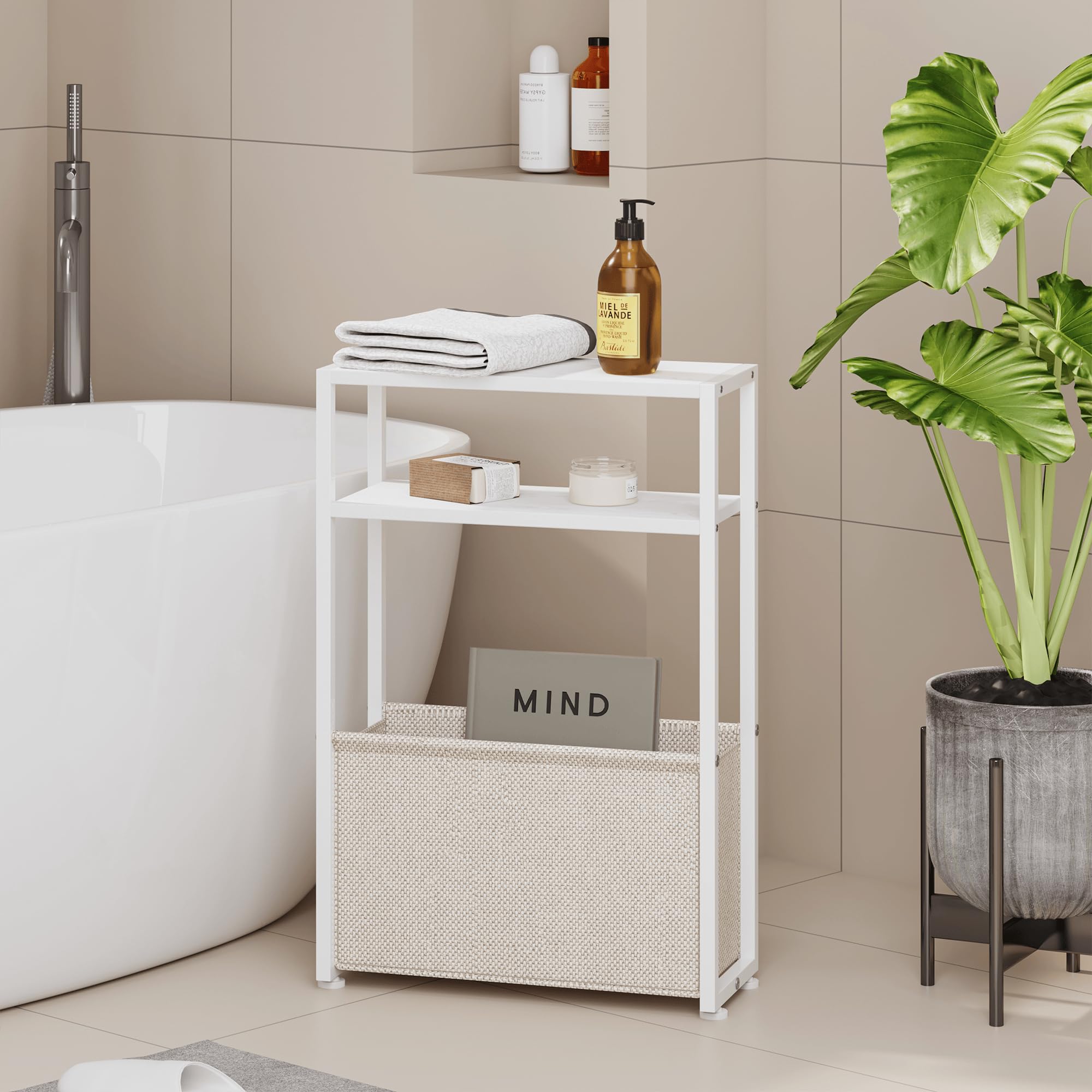 Leomonio Narrow Side Table, Slim End Tables with Fabric Basket, Skinny Table for Small Spaces, Thin Bedside Table for Living Room, Bedroom (1, White + Camel Brown) Image