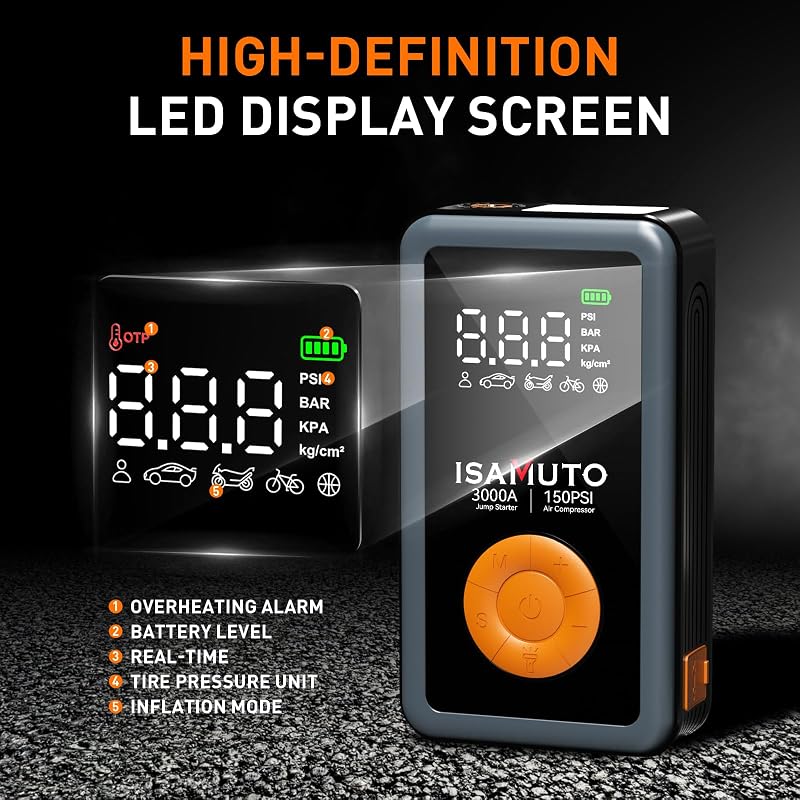 Motor de arranque 3000A com compressor de ar de 150 PSI, reforço de bateria de 12V para motores a gasolina de 7.0L e diesel de 6.0L, insuflador portátil com ecrã LCD e luz LED