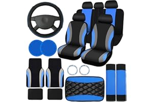 Fabbay 21 Pcs Car Seat Covers Full Set Car Floor Mats Steering Wheel Cover Armrest Seat Belt Pad Seatbelt Cup Mats Emblem Ring Sticker for Sedans Trucks SUV(Black, Blue)