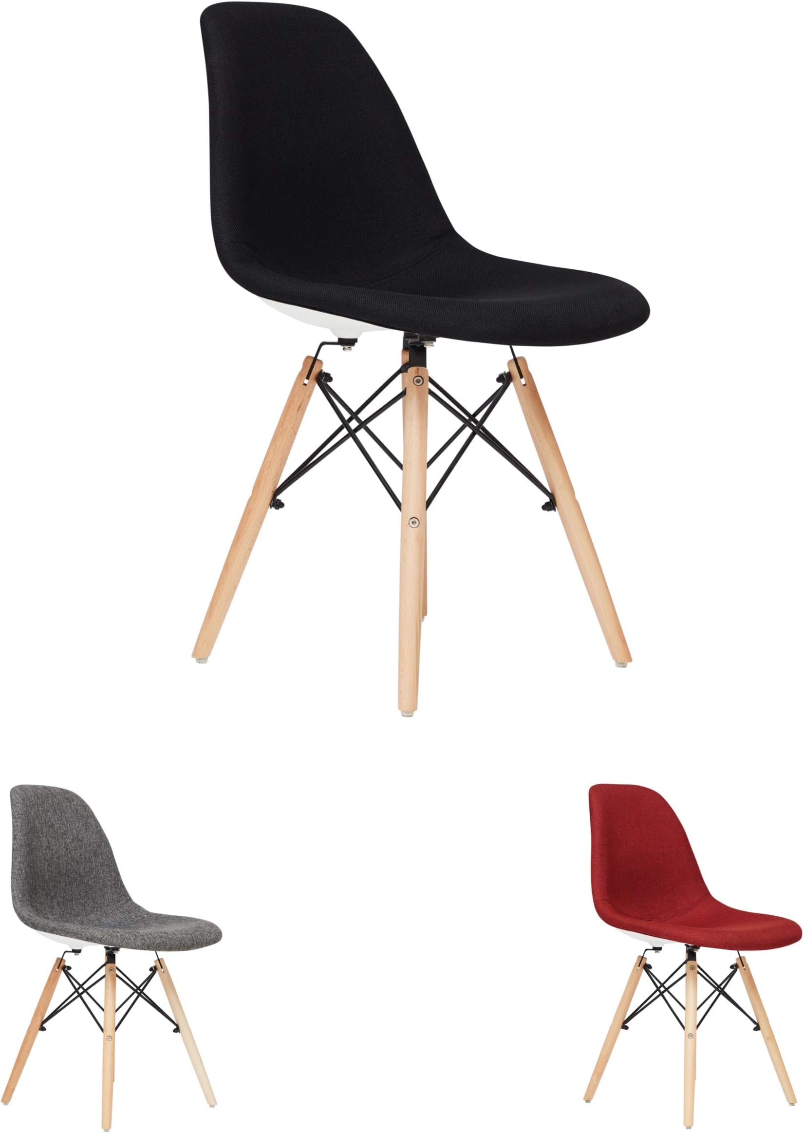 FUSIONWELL Dining Chair Fabric Upholstered and Plastic Seat with Eiffel Retro Wooden Legs Contemporary Designer Office Kitchen Lounge Bedroom Chair (Black, Fabric)