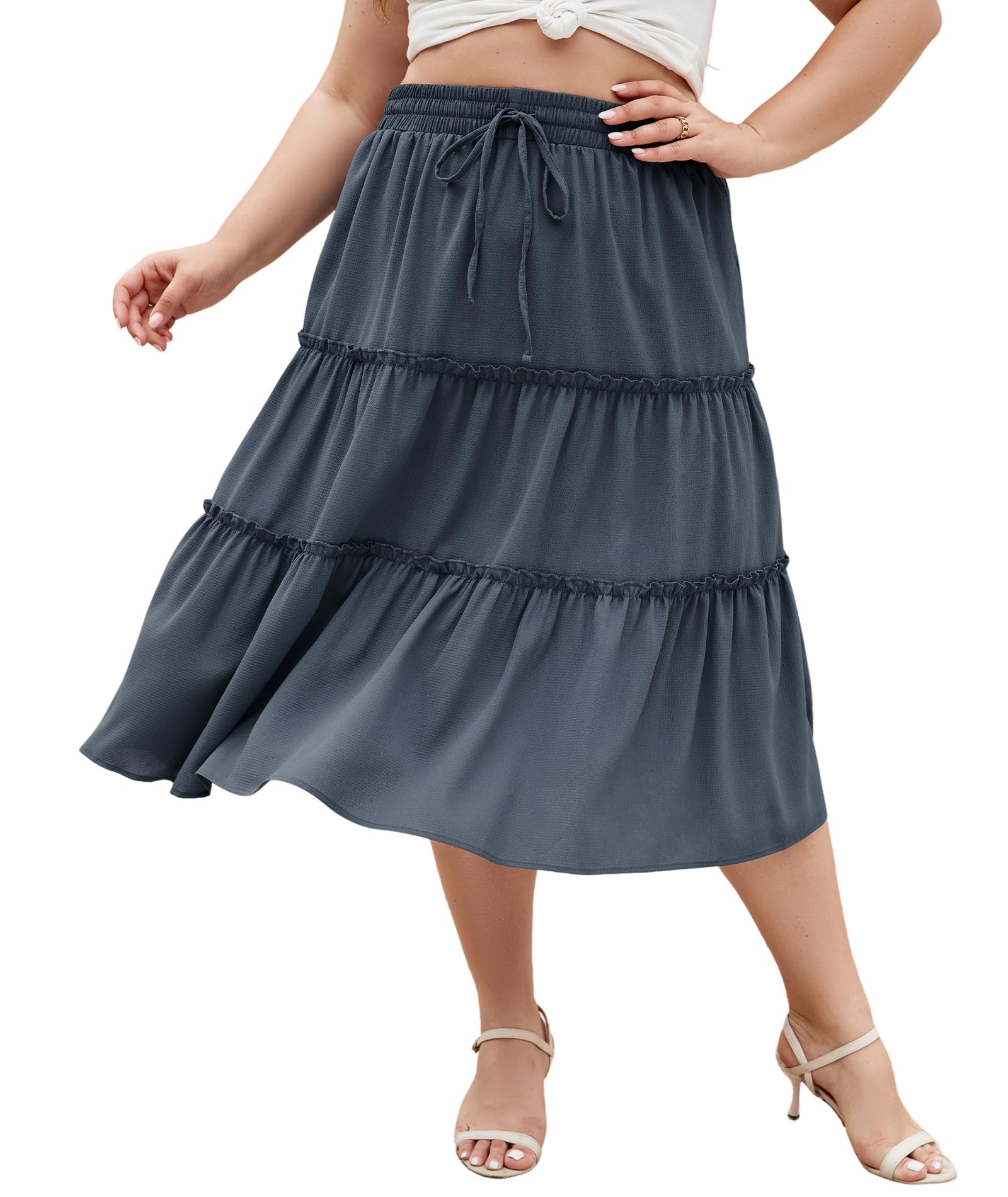 Moon Wood Women's Plus Size Tiered Maxi Skirt - High Waist Elastic, Flowy A-Line With Pockets, Boho Long Skirt