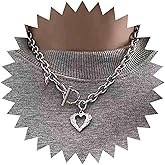 Andelaisi Boho Heart Pendant Necklace Vintage Hollow Heart Choker Necklace Silver Cuba Chain T Bar Choker Necklace Adjustable Chunky Chain Necklace Jewelry for Women
