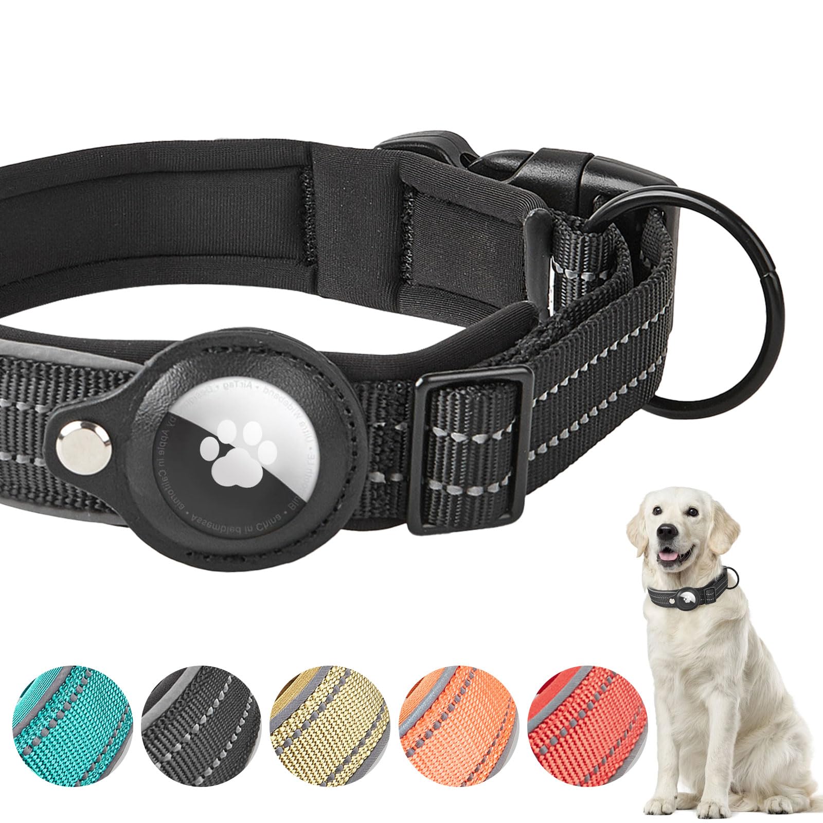 Boloshine Airtag Dog Collar, Adjustable Reflective Nylon Dog Collar, with Quick Release Buckle and Holder for Apple Air Tag, Durable Anti-lost Dog Collars for Small Medium Large Dogs (Black, M)
