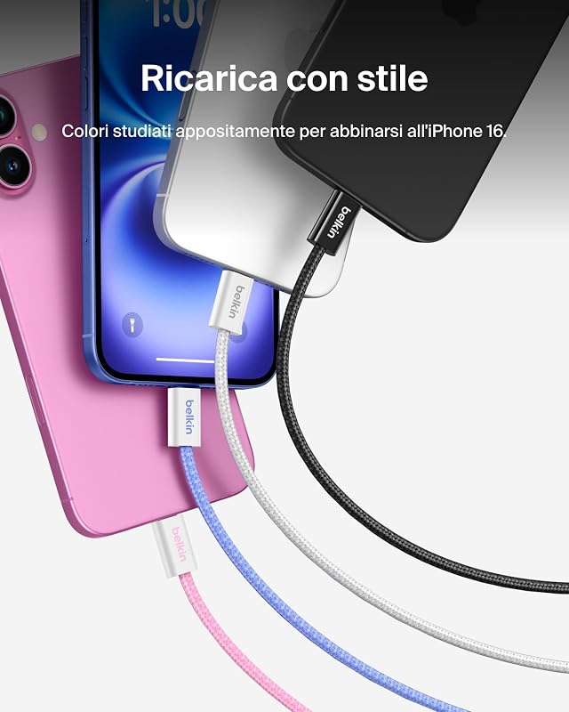 Confezione da 2 cavi intrecciati da USB-C a USB-C da 1,5 m, 60 W, cavo flessibile per ricarica rapida, cavo Type-C per iPhone 17 e iPhone 16 series, Galaxy S25, Pixel 10, iPad Pro e altri, rosa