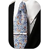 Barry.Wang Men's Cotton Ties Flower 3.15" Necktie Printed Skinny Tie Sets Clip Extra Long Flower Wedding Party