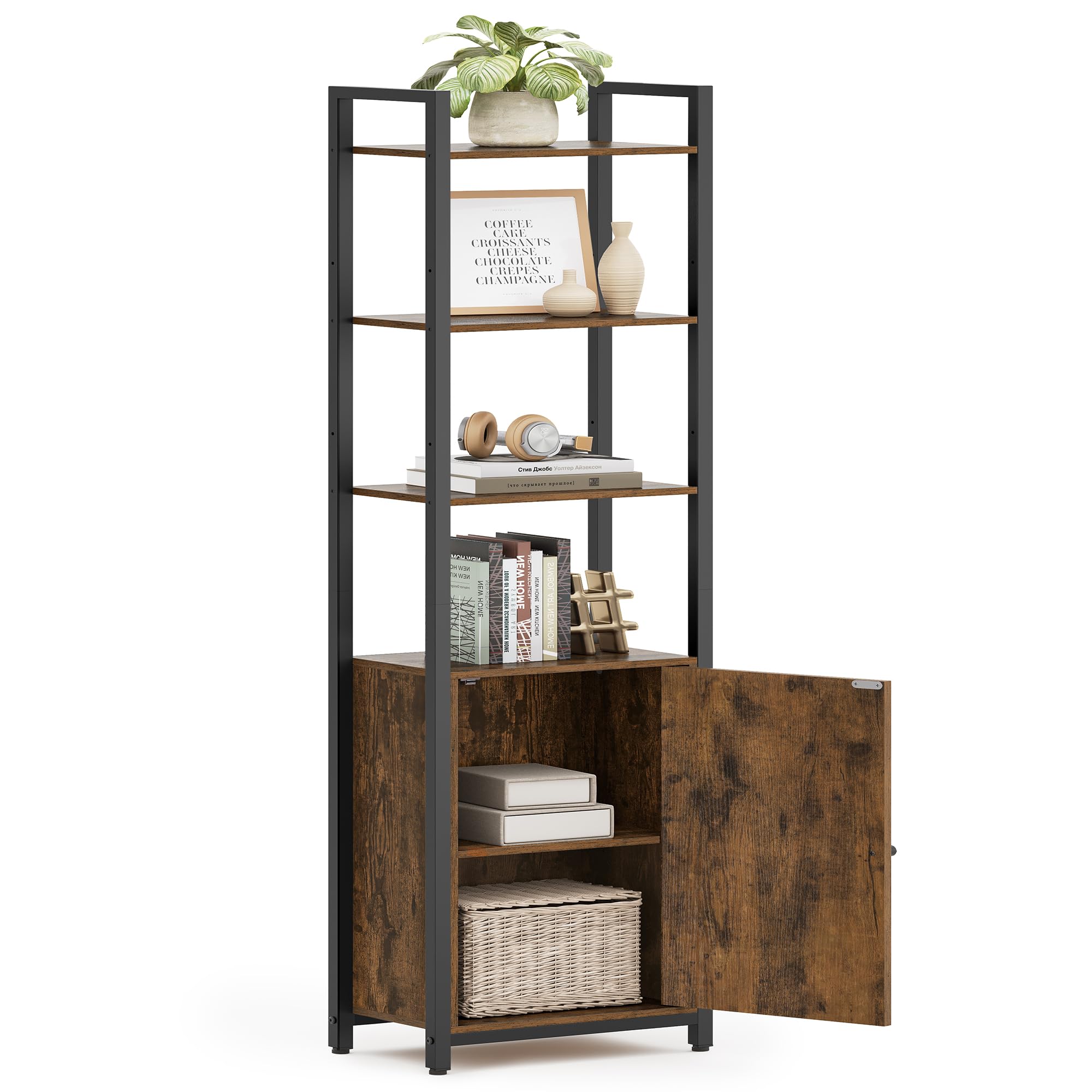VASAGLE 6-Tier Bookshelf, Tall Bookcase with Door, Steel Frame, Adjustable Shelves, 9.4 x 15.7 x 62.8 Inches, Living Room Bedroom, Rustic Brown and Ink Black ULLS132K01