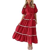 PRETTYGARDEN Women's Summer Button Down Shirt Dress Short Puffy Sleeve Tiered Ruffle Flowy Long Maxi Dresses
