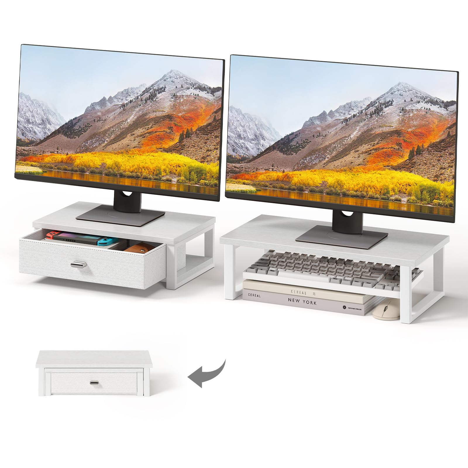 Photo 1 of WOHOMO Dual Monitor Stand Riser with Drawers, Desk Organizers for 2 Monitors, Desktop Storage Stand for Computer,Laptop,White