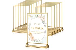 EHWINE 12 Pack Acrylic Sign Holder 4 x 6, Double Sided Gold Picture Frame Stand up Table Top Sign Holders, Clear Display Stand Menu Flyer Holder for Wedding Party