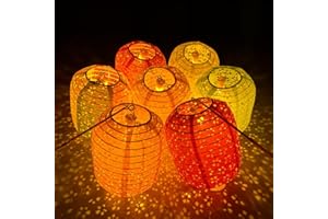 AIMINJEY 12Pcs Chinese Paper Lanterns with LED Lights, Hollow Out Hanging Asia Japanese Paper Lamps with Tassels Walking Sticks 8 In Lantern for Chinese New Year Lanterns Decorations(oval-shaped)