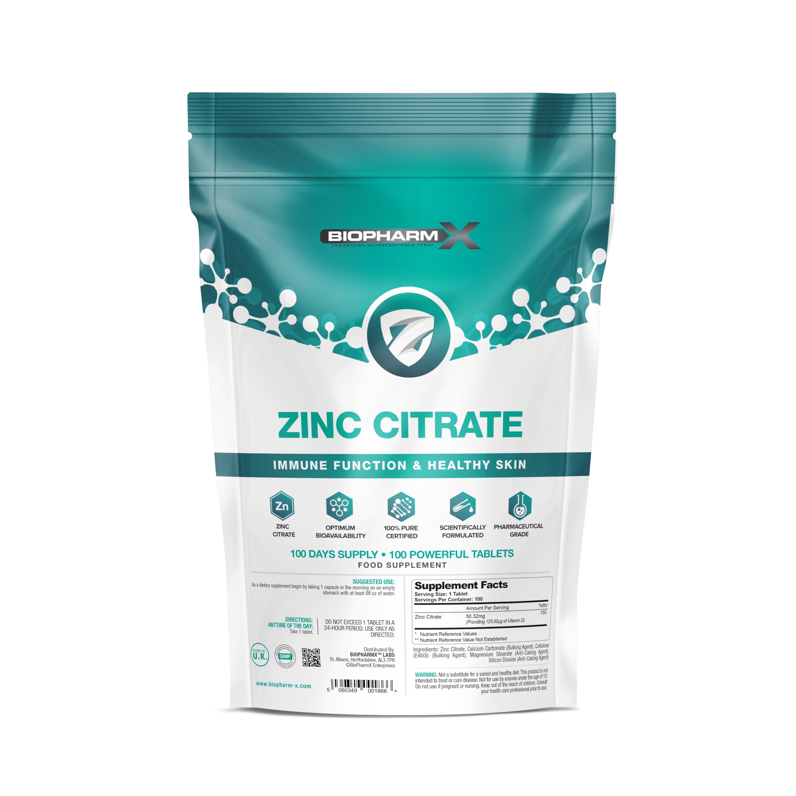 Premium Zinc Citrate (150% NRV) 100 Tablets / 1 Per Day - Pure Certified