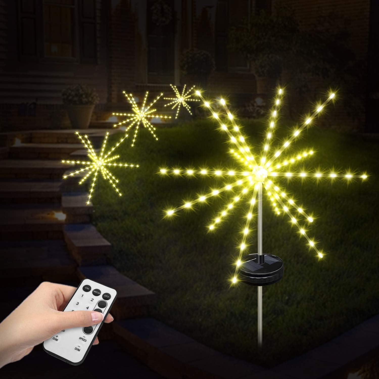 Solar Garden Lights MinSoHi Solar Powered Pathway Lights Outdoor Decorative 112 LED 14 Tube Firework String Light with 8 Modes Waterproof LED Landscape Lights for Patio Yard Lawn Walkway (Warm White)