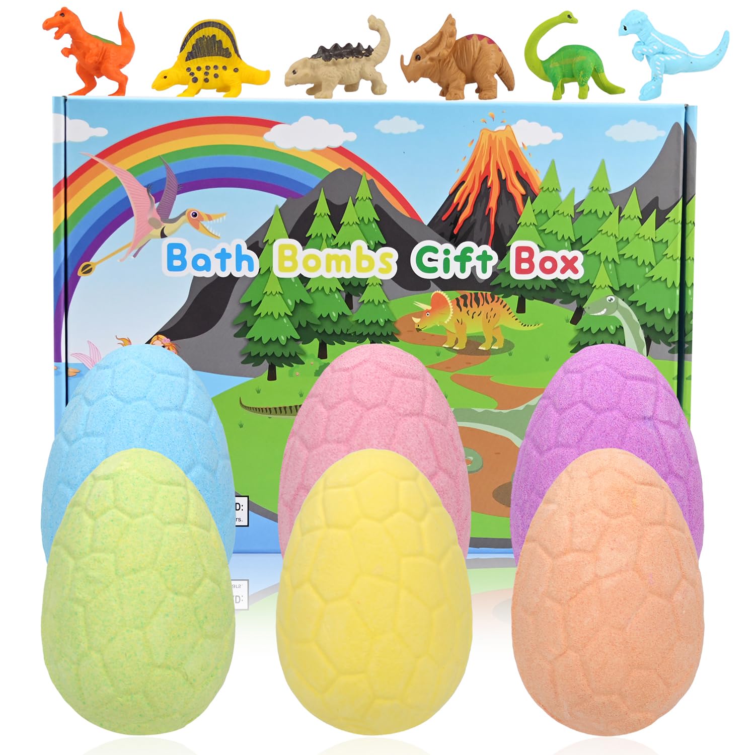 Smlper Bath Bombs for Kids with Surprise Inside, 6 Pcs Dino Egg Handmade Natural Fizzy Bath Bombs Dinosaur Toys for Girls Boys Christmas Birthday Easter Gift Set (6 * 130g) (Dinosaur Toys Inside-6PCS)