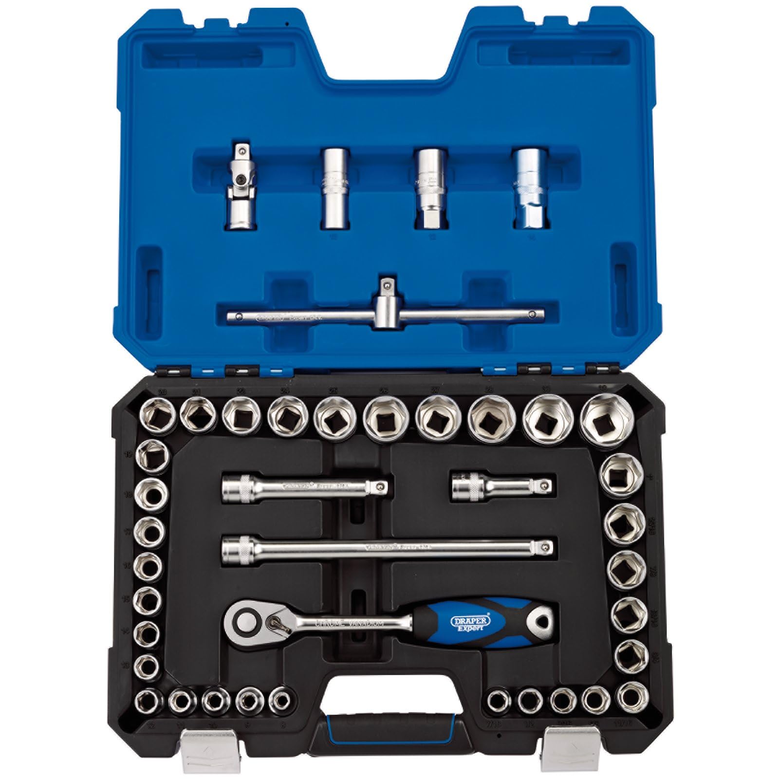 Draper 16453 1/2-Inch Square Drive Combined MM/AF Micro Satin Chrome 41 Piece Socket Set , Blue