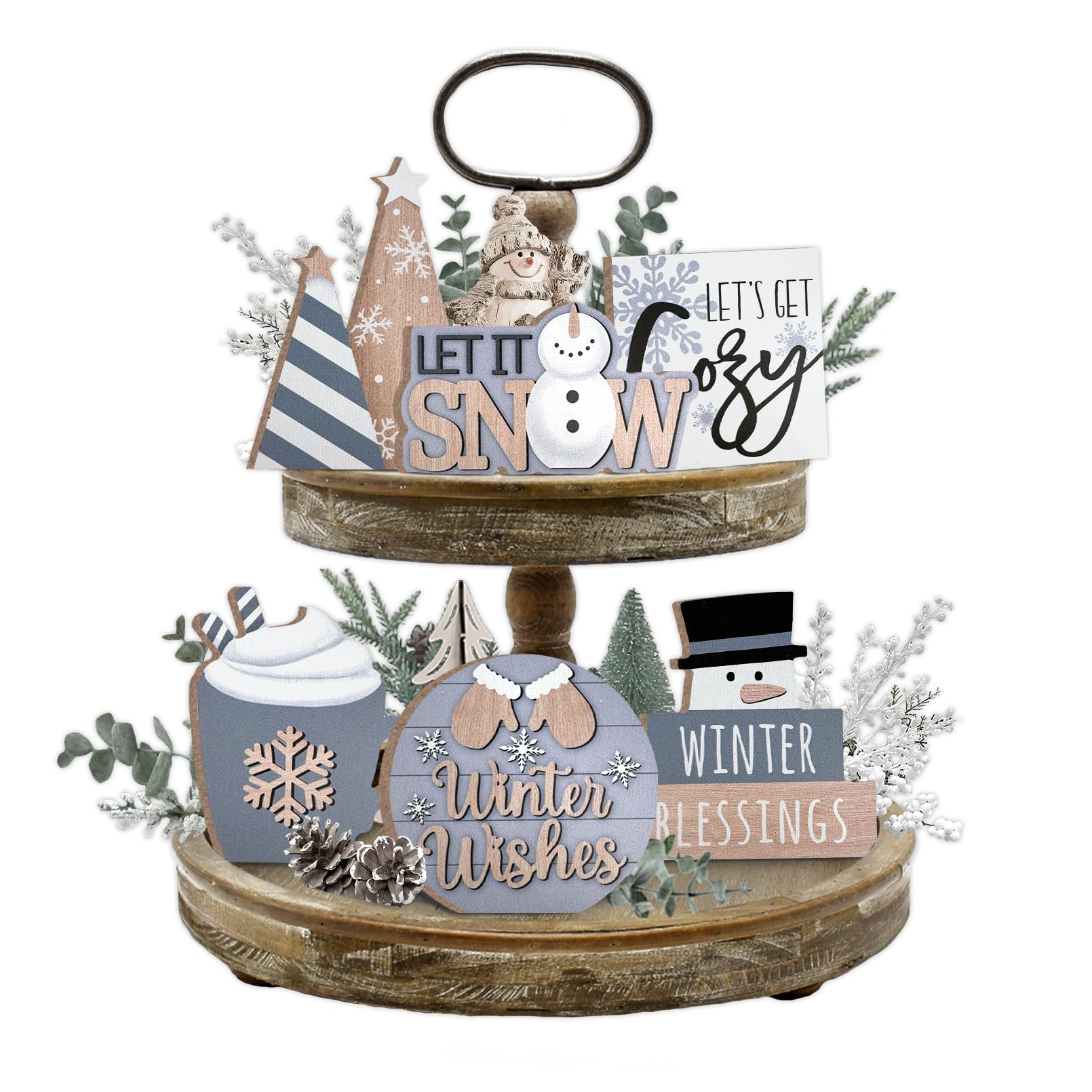 Photo 1 of Guoofu Winter Tiered Tray Decor, Gray Winter Snowflakes Tray Decorations Set, Let It Snow Snowman Hot Cocoa Wooden Signs, Christmas Rustic Home Decor for Tabletop Shelf Mantel Party