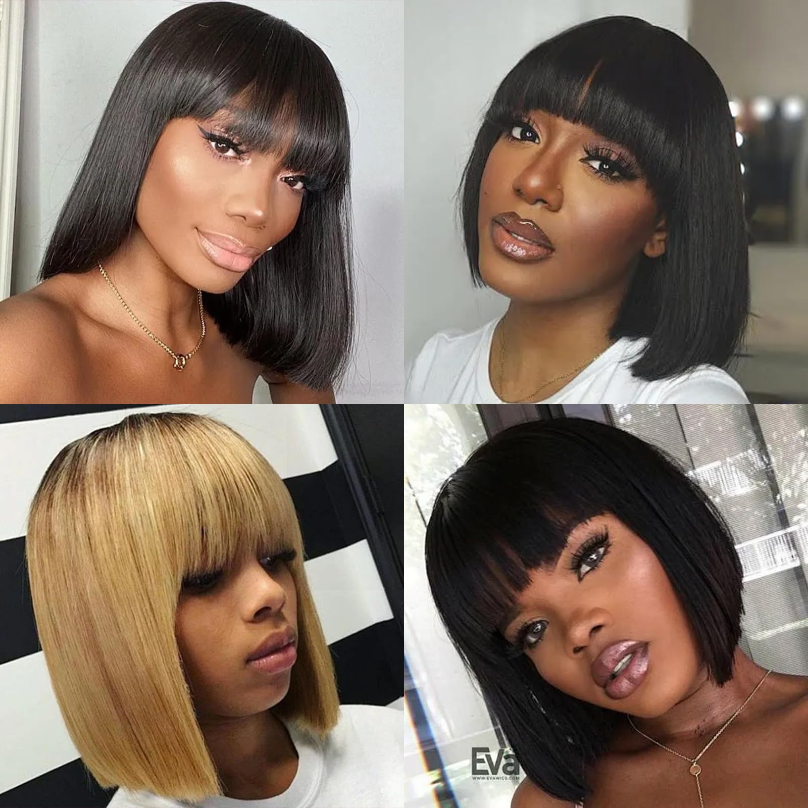 10 Inch Yaki Straight Bob Wig Human Hair with Bangs 1X4 Lace Short Black Bob Wigs with Breathable Cap Blunt Cut Bob Wig 200 Density For Women