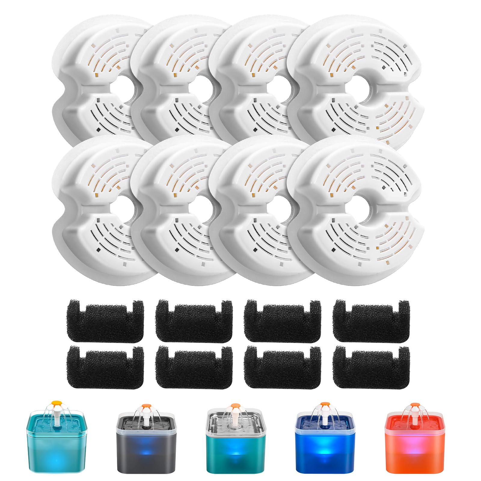 AONBOY Cat Water Fountain Filters, Suitable for Pet Water Fountain, Quadruple Filtration (8PCS Carbon Filter + 8PCS Foam Filter)