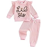 COORALLY Baby Girl Sister Matching Outfits Letter Embroidery Flying Sleeve Sweatshirt Toddler Girl Striped Pants Set