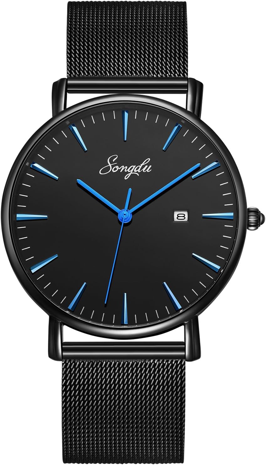 SONGDU Men's Ultra-Thin Quartz Analog Date Wrist Watch with Black Leather Strap