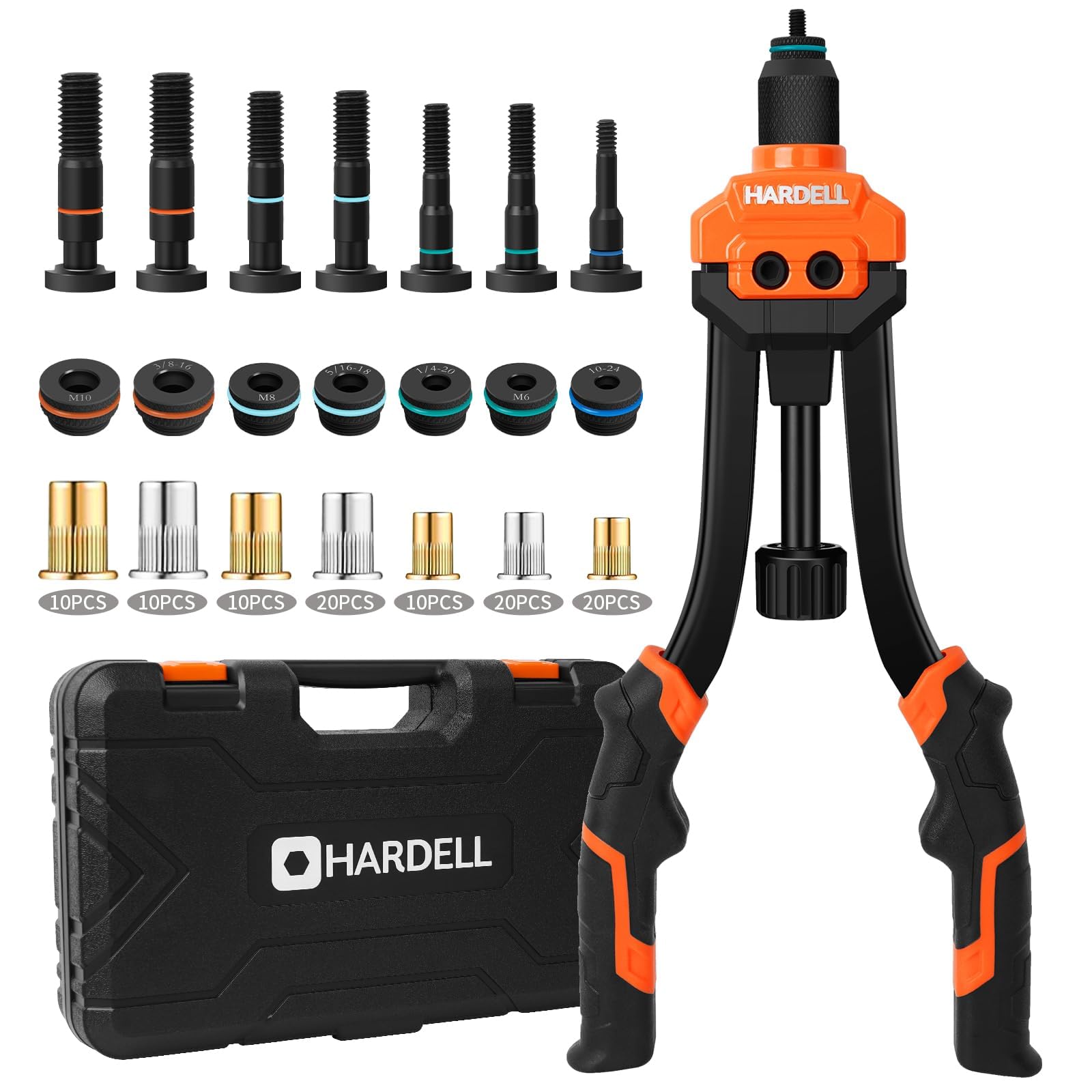 HARDELL Rivet Nut Tool Kit, 14" Rivnut Tool Kit with 80PCS Rivet Nuts, 6 Metric & Inch Mandrels M6, M8, M10, 1/4-20, 5/16-18, 3/8-16 and Rugged Carrying Case (14 inch)