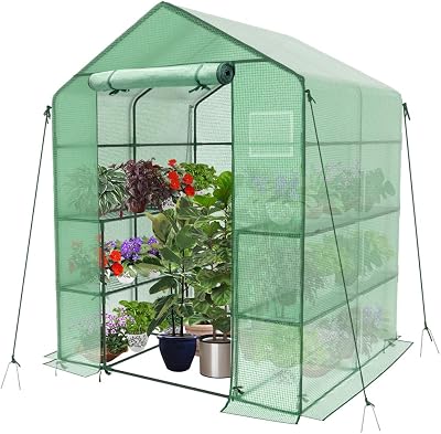 VOUNOT Walk In Greenhouse with Shelves 143x143x195cm Green