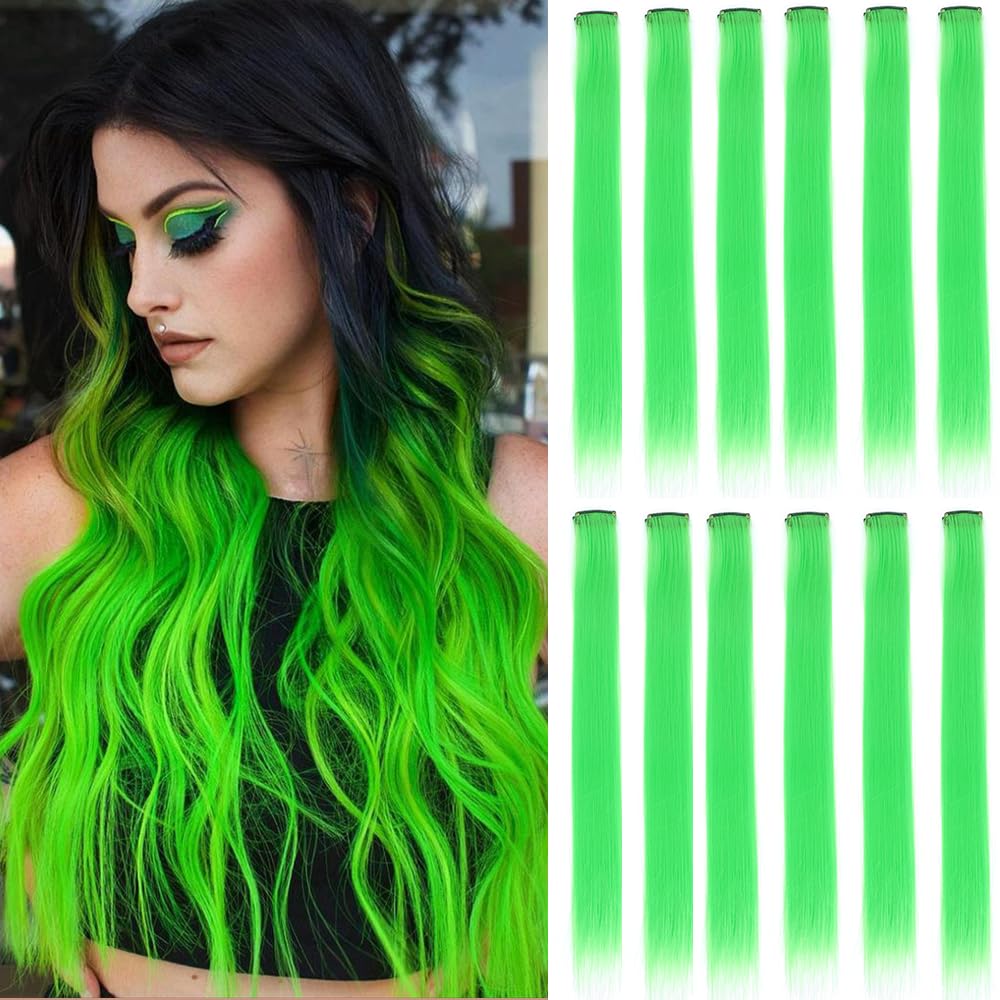 View 1 of 12 Pcs C-Green hair extensions 22 Inch Straight colored hair colorful clip in extensions Highlight Party for Kids Girls and Women Gift(C-Green,05?