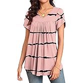 LAOLASI Womens 2025 Summer Tunic Petal Short Sleeve Casual Tops V Neck Flowy Tee Hide Belly Shirt Blouse