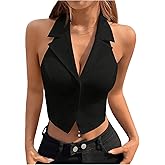 MakeMeChic Women's Halter Vest Tops Summer Button Down Asymmetrical V Neck Sleeveless Crop Tops