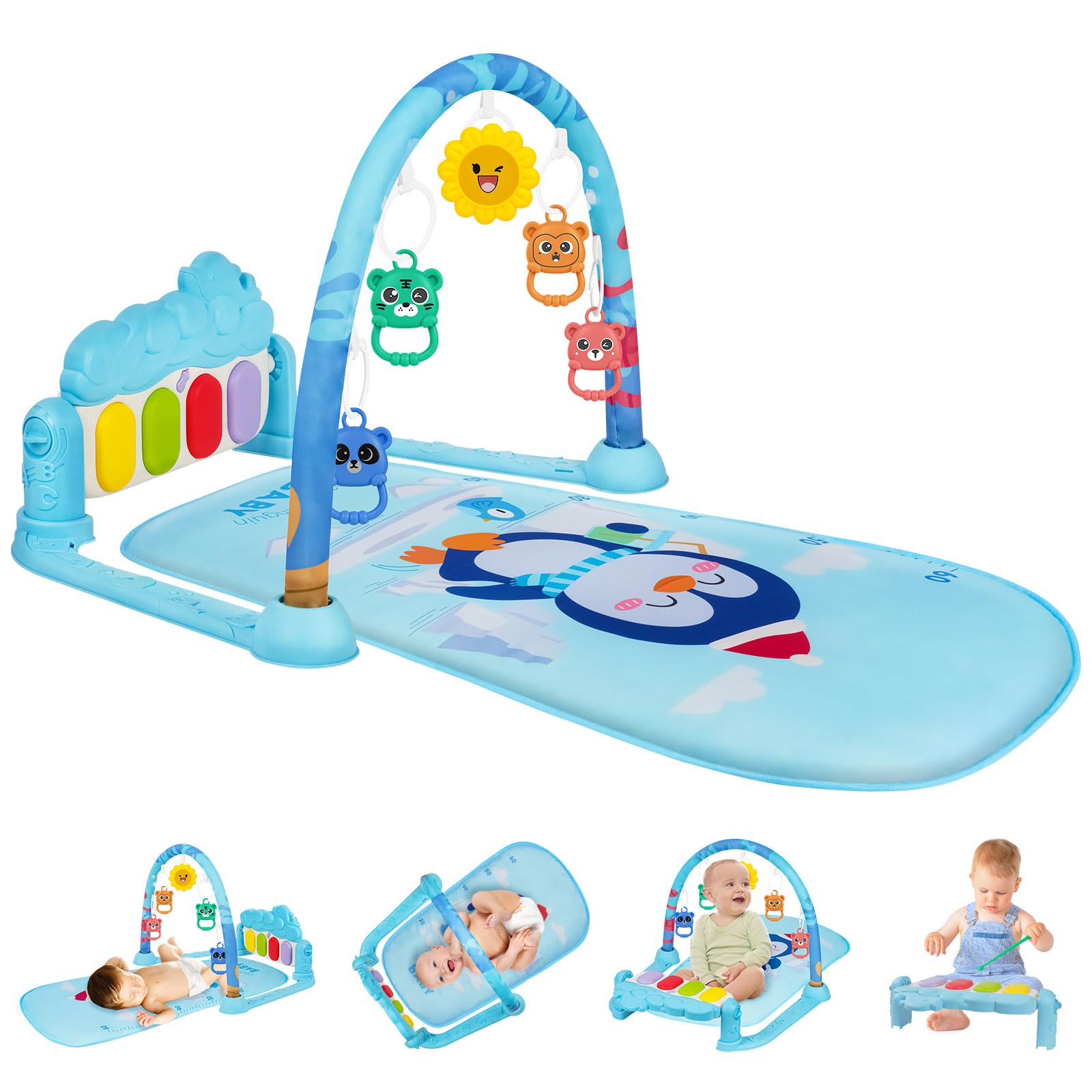 AOMIG Baby Play Mat, Baby Piano Gym with Music and Lights, Play Mat with Detachable Activity Toys, Early Development Activity Baby Play Mat Toy Gift for Babies