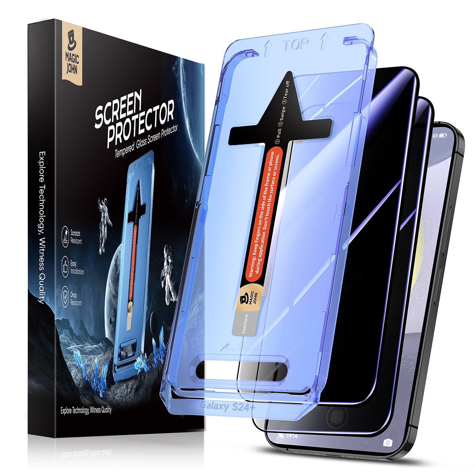 MAGIC JOHN 2 Pack for Samsung Galaxy S24 Plus/ S24+ Privacy Glass Screen Protector 6.7 inch, Anti-spy Tempered Glass Film, Auto Dust-Elimination Installation, Bubble Free, Case Friendly, Anti-Scratch