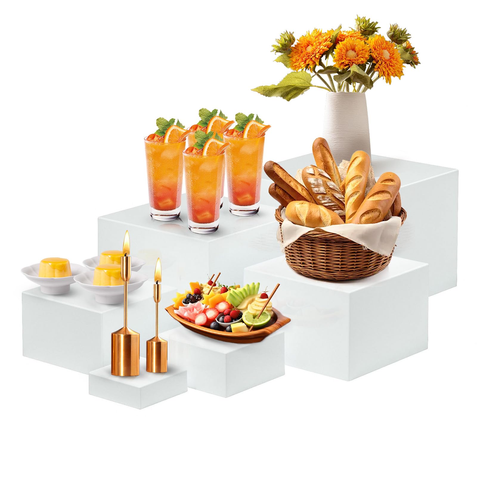 Photo 1 of IBEQUEM Buffet Risers Set of 6, Acrylic Food Risers for Buffet Table, White Display Stand Set with Hollow Bottoms, Cube Boxes for Cake Catering Dessert Party (3",4",5", 6",7",8'')