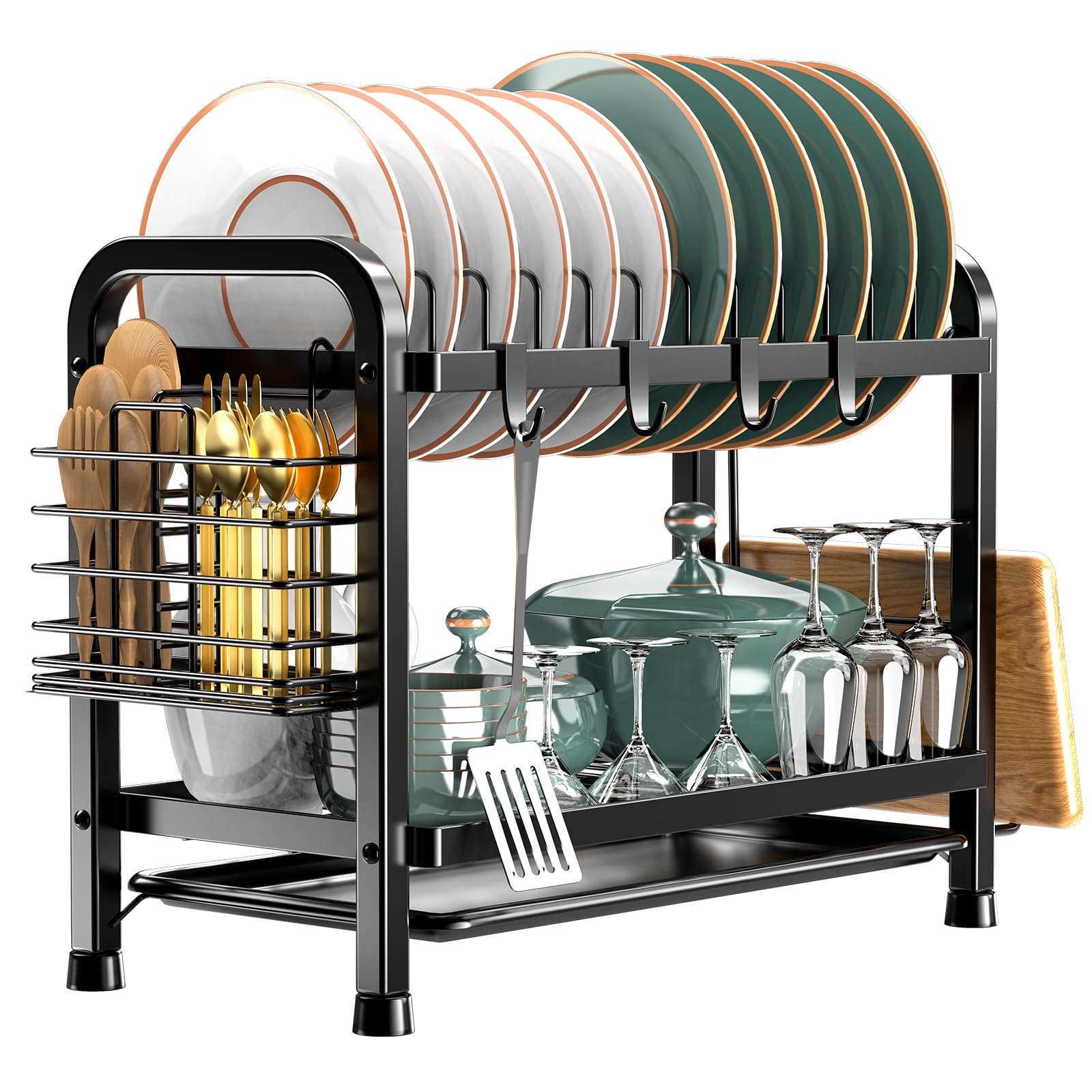 Averrex 2 Tier Dish Drainer Rack with Drip Tray, Dish Drying Rack with Utensils Holder, Durable Stainless Steel Dish Rack for Kitchen Counter, Black