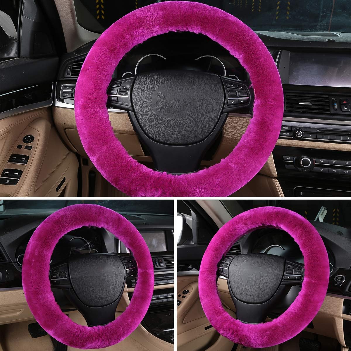 Ergocar Pure Wool Soft Car Steering Wheel Cover Universal Non-slip Elastic Winter Warm Car Steering Wheel Protector - Fluorescent Pink - Image 3