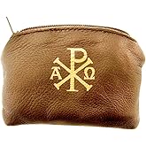 WJ Hirten Ava Maria and Chi Rho Cross Sheepskin Leather Rosary Case with Velvet Lining, Brown, 3 1/4 Inch