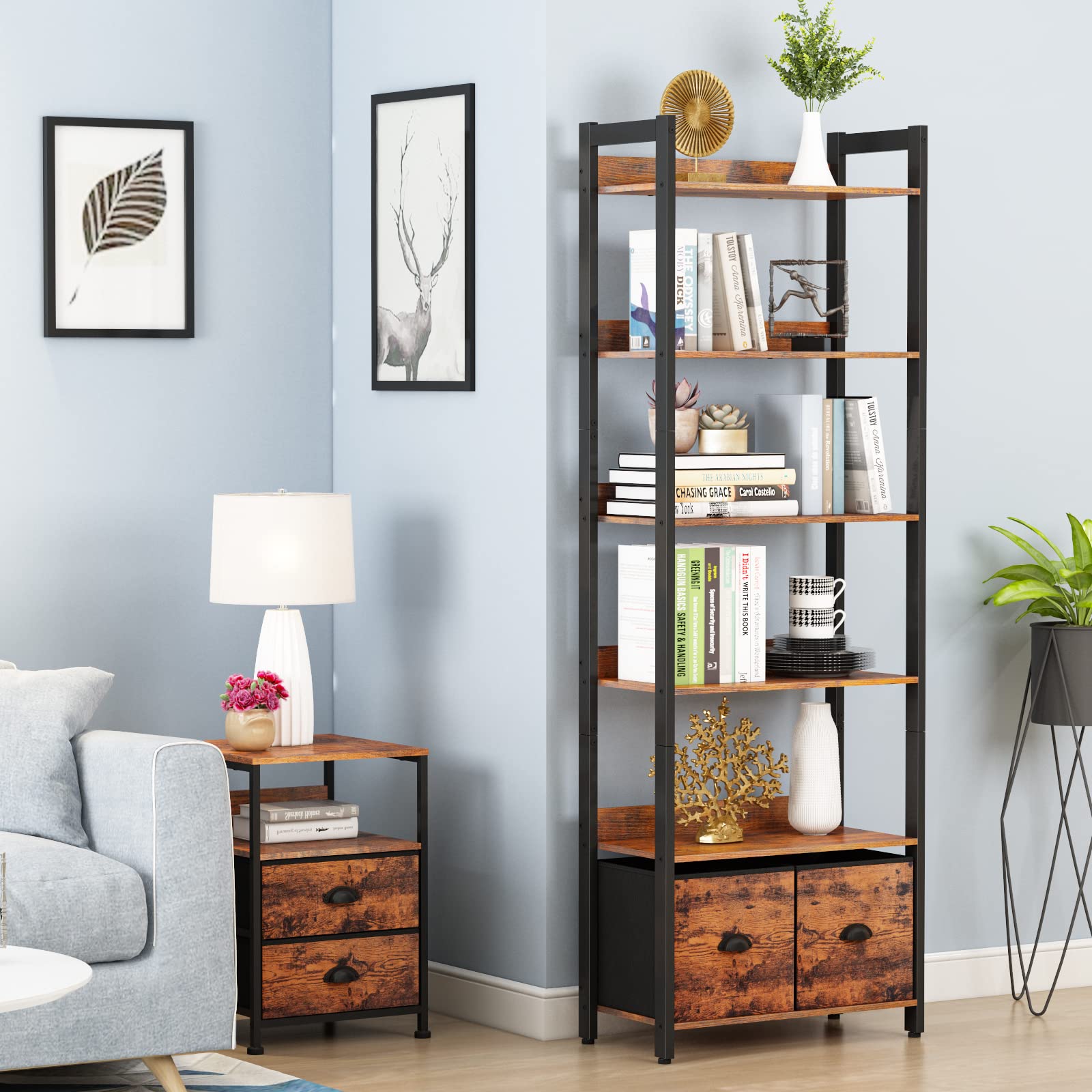 Furologee 6Tier Bookshelf, Tall 71" Rustic Bookcase with 2 Drawers