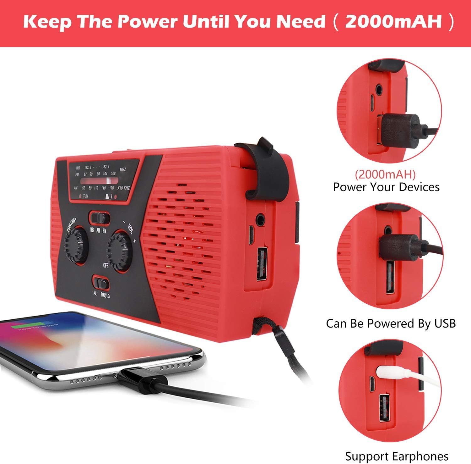 2020 Upgraded Emergency Solar Hand Crank Radio, RegeMoudal Hand Crank AM/FM/NOAA Weather Radio with Flashlight, Reading Lamp, 2000mAh Power Bank,USB Cell Phone Charger and SOS Alarm: Electronics