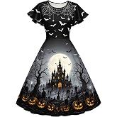 Halloween Dresses for Women Spooky Season Swing Party Dress Fall Outfits | Halloween Flutter Sleeve A‑Line Dress Fall Pumpkin Ghost Witch Skull Bloody Graphic Dress Fall Party Costume